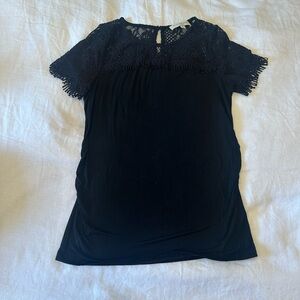 Skies Are Blue Navy Lace Ruched Blouse